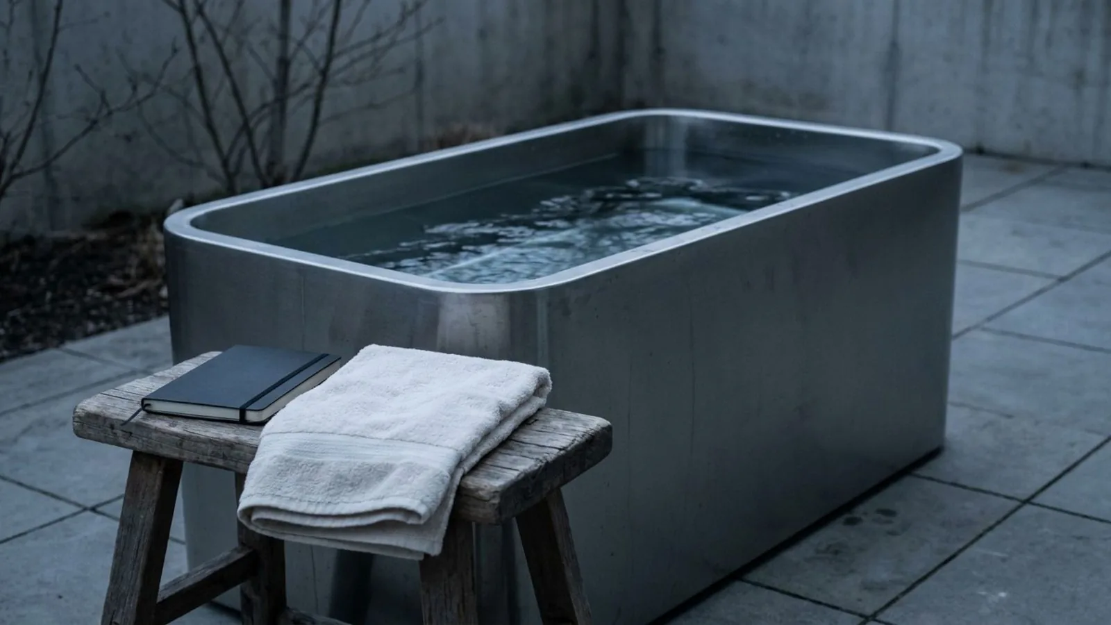 An empty cold plunge tub on a quiet patio after use, a folded towel and closed notebook on a wooden stool nearby