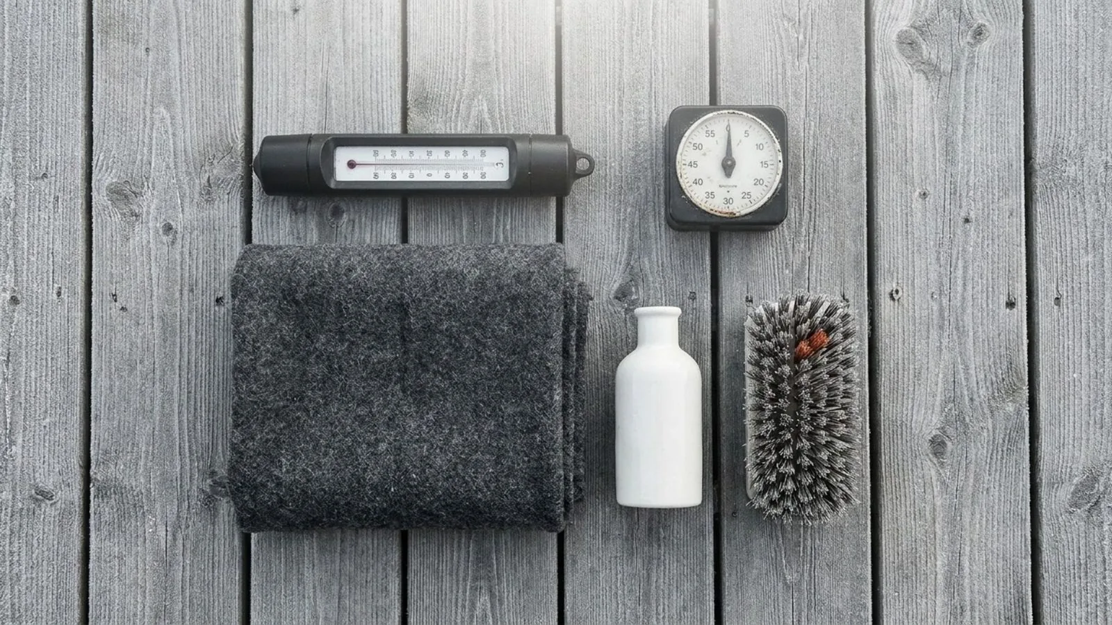 A flat lay on grey decking of a floating thermometer, an analog timer, a folded towel, a small bottle and a scrub brush