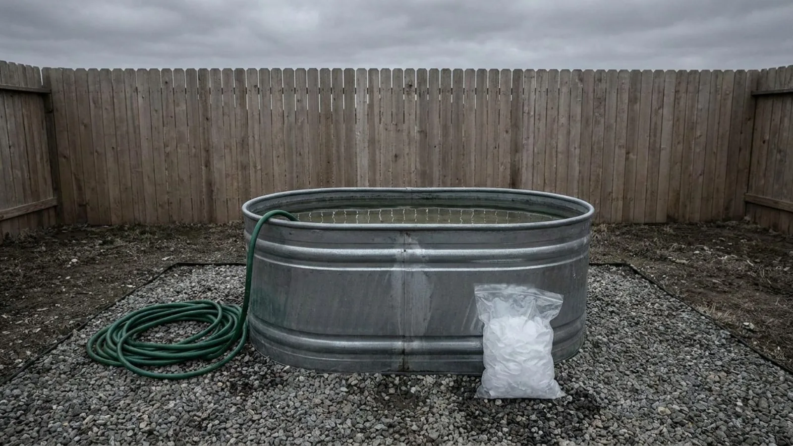 A galvanized steel stock tank full of cold water on gravel beside a garden hose and a bag of ice