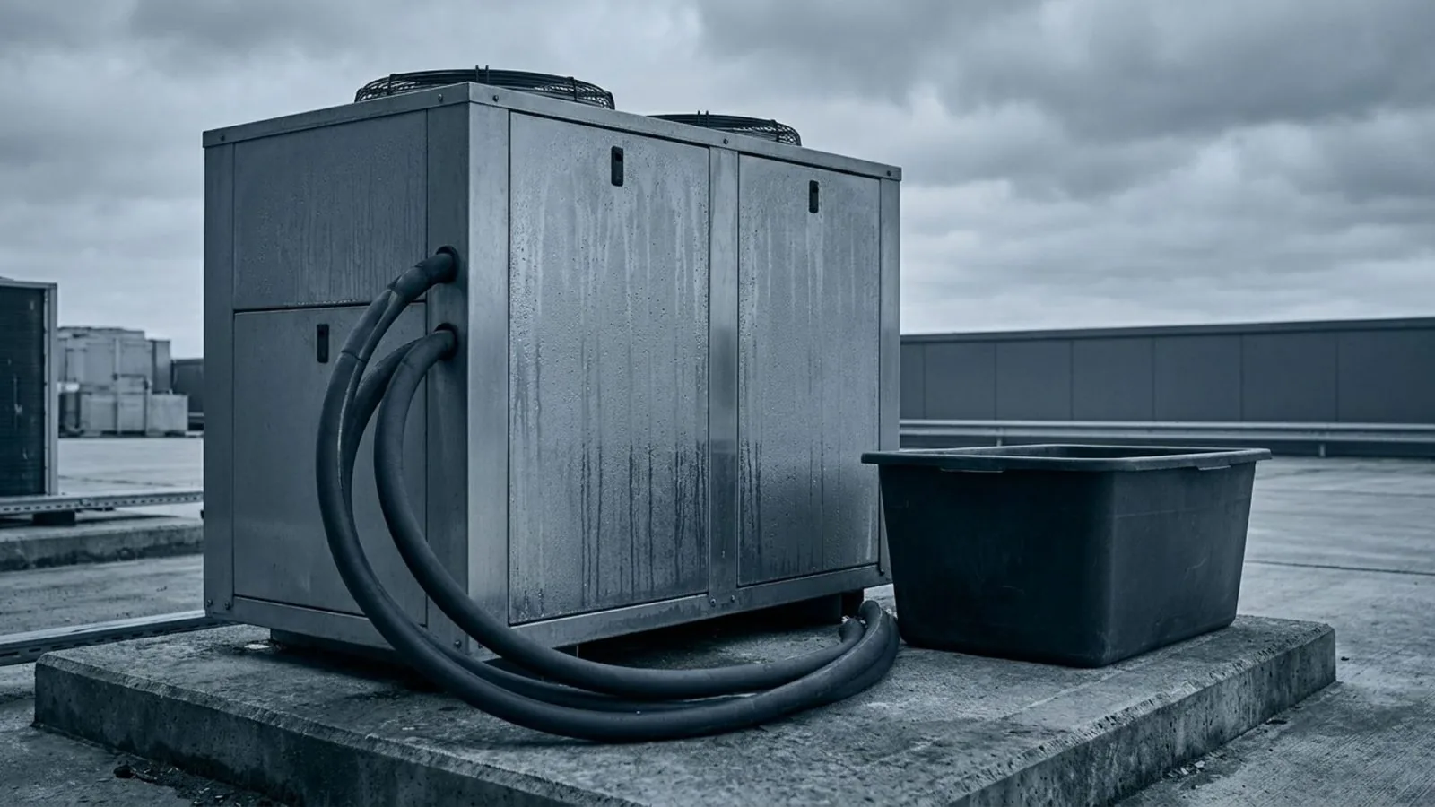 An unbranded water chiller unit with coiled insulated hoses on a concrete pad beside a plain dark tub