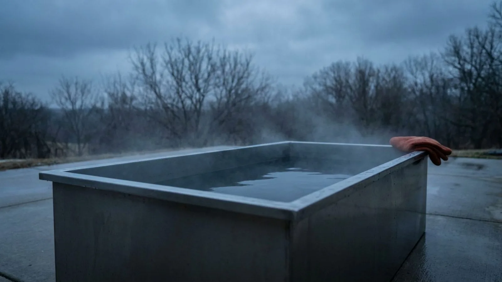 A plain stainless steel cold plunge tub on a wet patio at dawn, cold steam rising off the still dark water