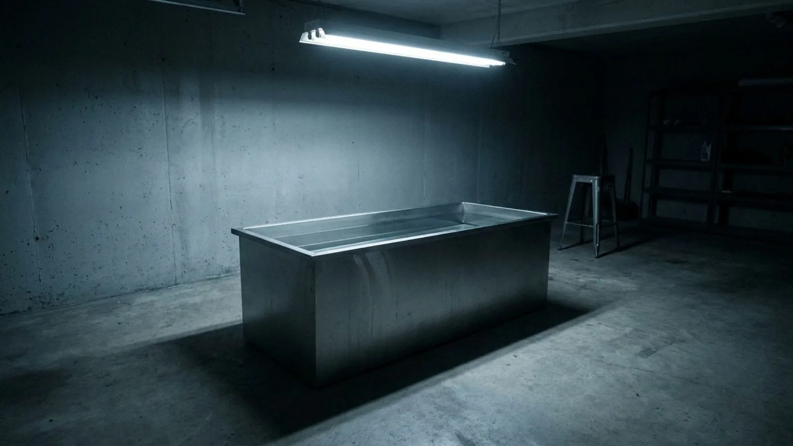 A single empty cold plunge tub in a dim garage under one overhead light, water surface dead still