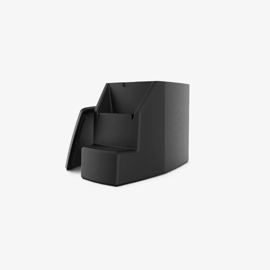 The Ice Barrel 500, a tall black plunge tub with moulded entry steps and a raised interior seat, photographed on white with its lid leaning against it