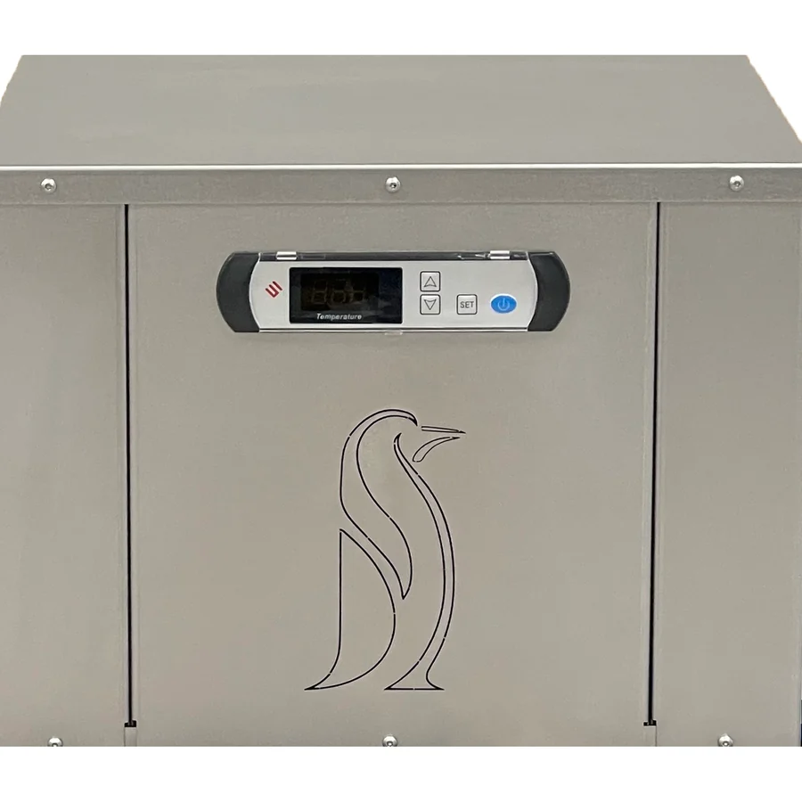 The Penguin Chillers barrel chiller, a stainless steel box unit with a digital temperature controller on the front panel and hose ports at the side